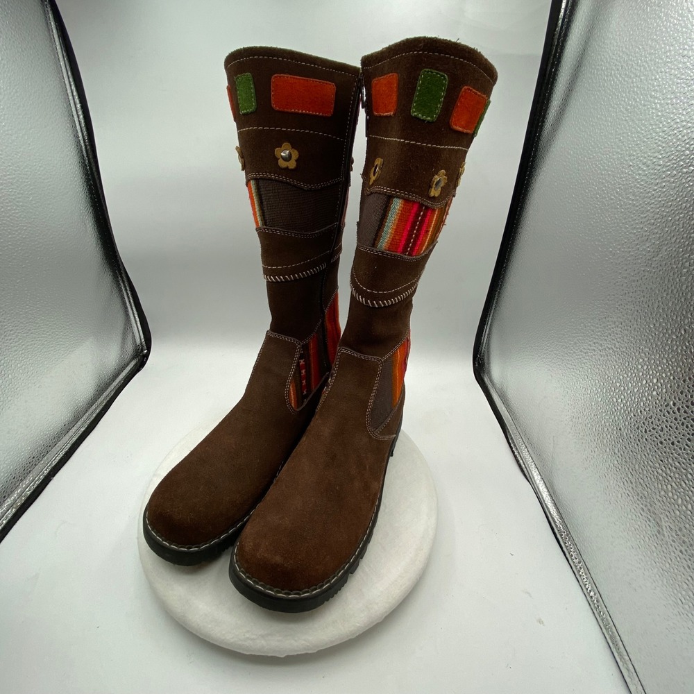 Inka Shoes Women Brown Suede Tall Boots Woven Wool Flower Made In Peru Boho